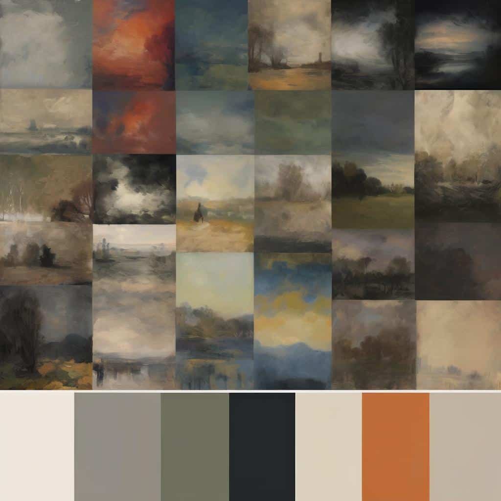 Ουρανοί και τοπία ζωγραφιές σε στυλ τέχνης και ψυχολογικής έκφρασης καλλιτέχνη, αποκαλύπτοντας τα συναισθήματα και την εσωτερική κατάσταση.