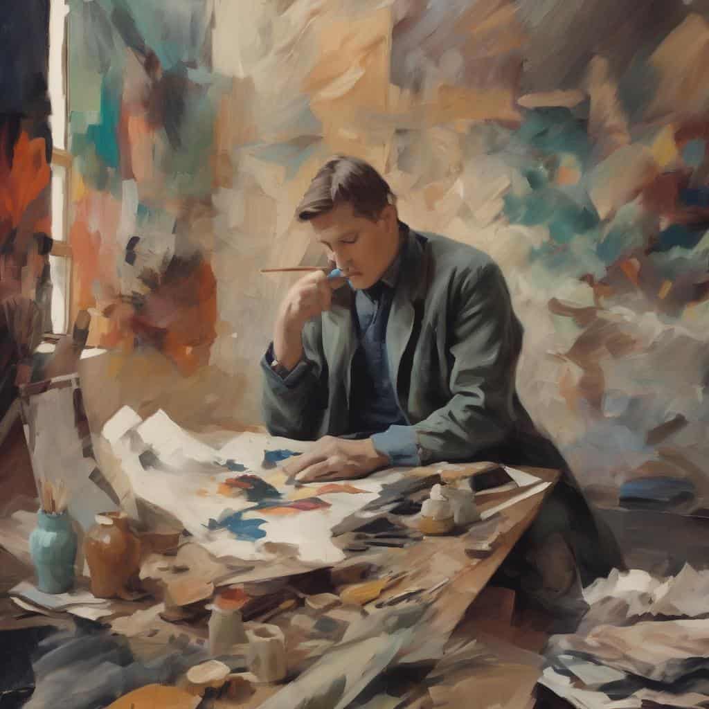 μοντέρνος καλλιτέχης στο εργαστήριο, δημιουργία και ψυχολογική έκφραση μέσω της τέχνης, στον καμβά με πινέλο και χρώματα, τέχνη και ψυχολογία, εσωτερική διερεύνηση, τέχνη ως εκφραστικό μέσο.