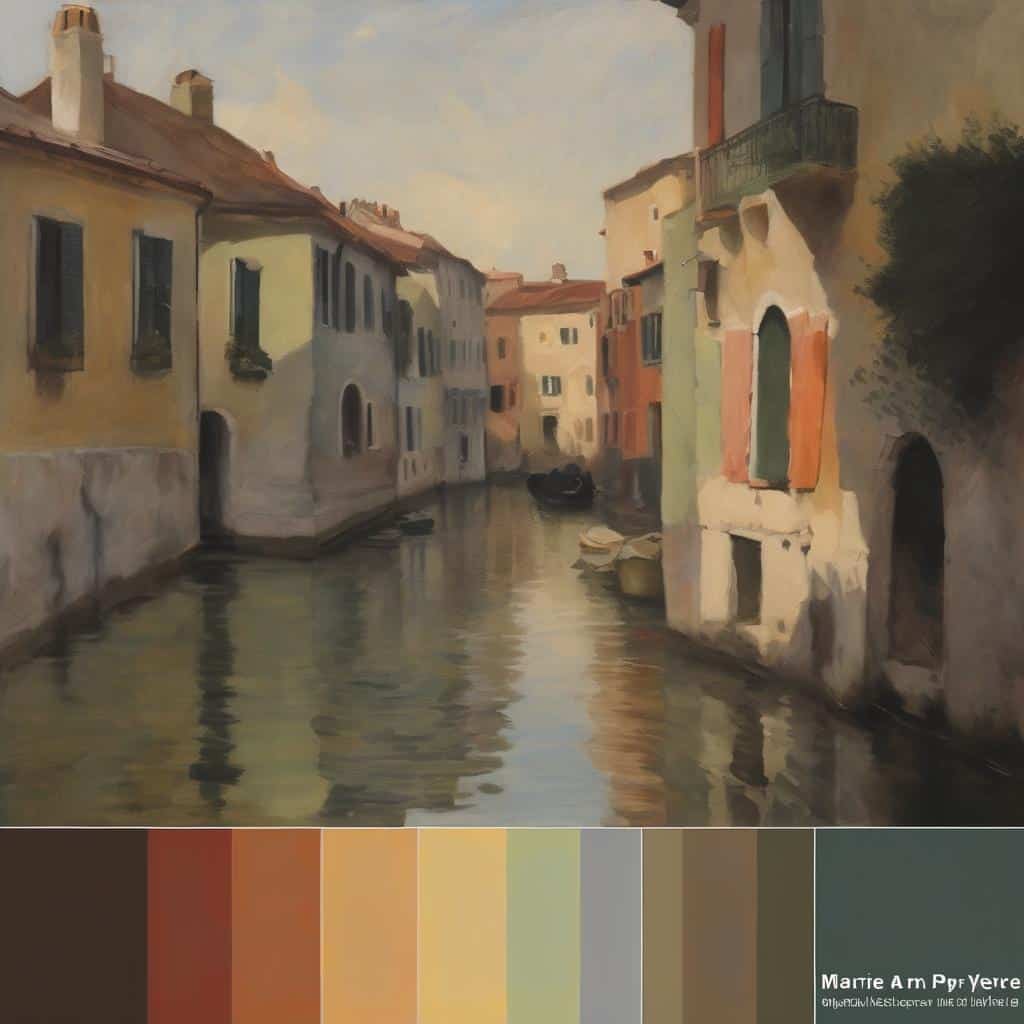 Γραφική απεικόνιση κανals σε Βενετία με ζεστά χρώματα και ήρεμο ύφος.