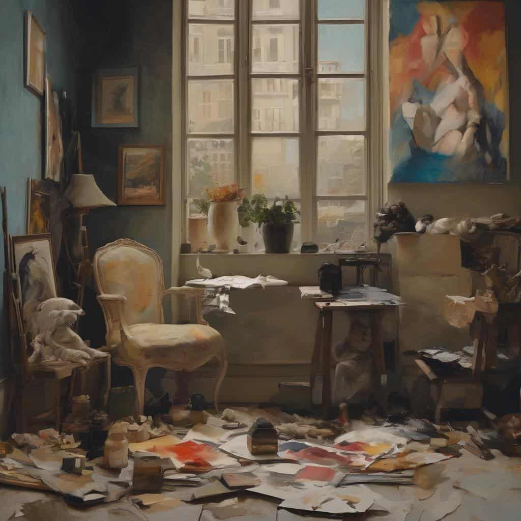 Έργο τέχνης σε καλλιτεχνικό χώρο με πίνακες και εργαλεία ζωγραφικής, εκφράζει την ψυχολογική έκφραση καλλιτέχνη.